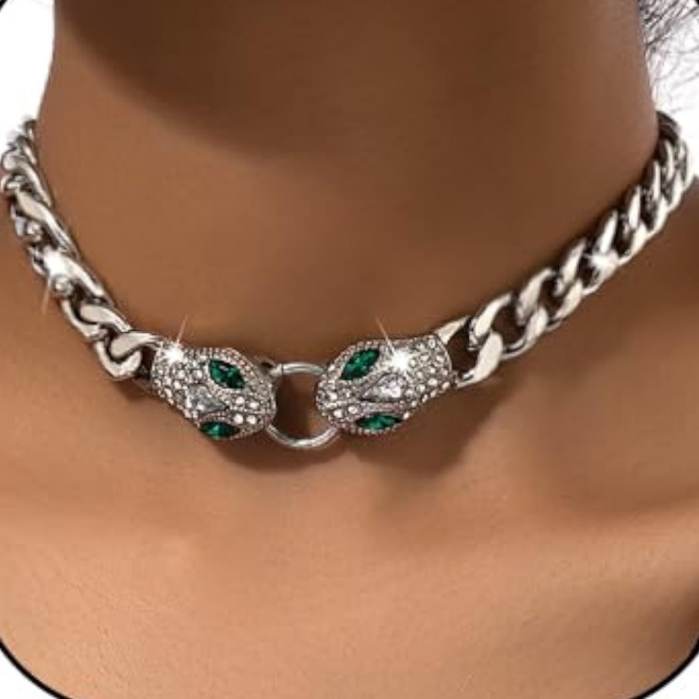 Macy's Silver-Tone Chain Choker with Green Crystal Snake Heads